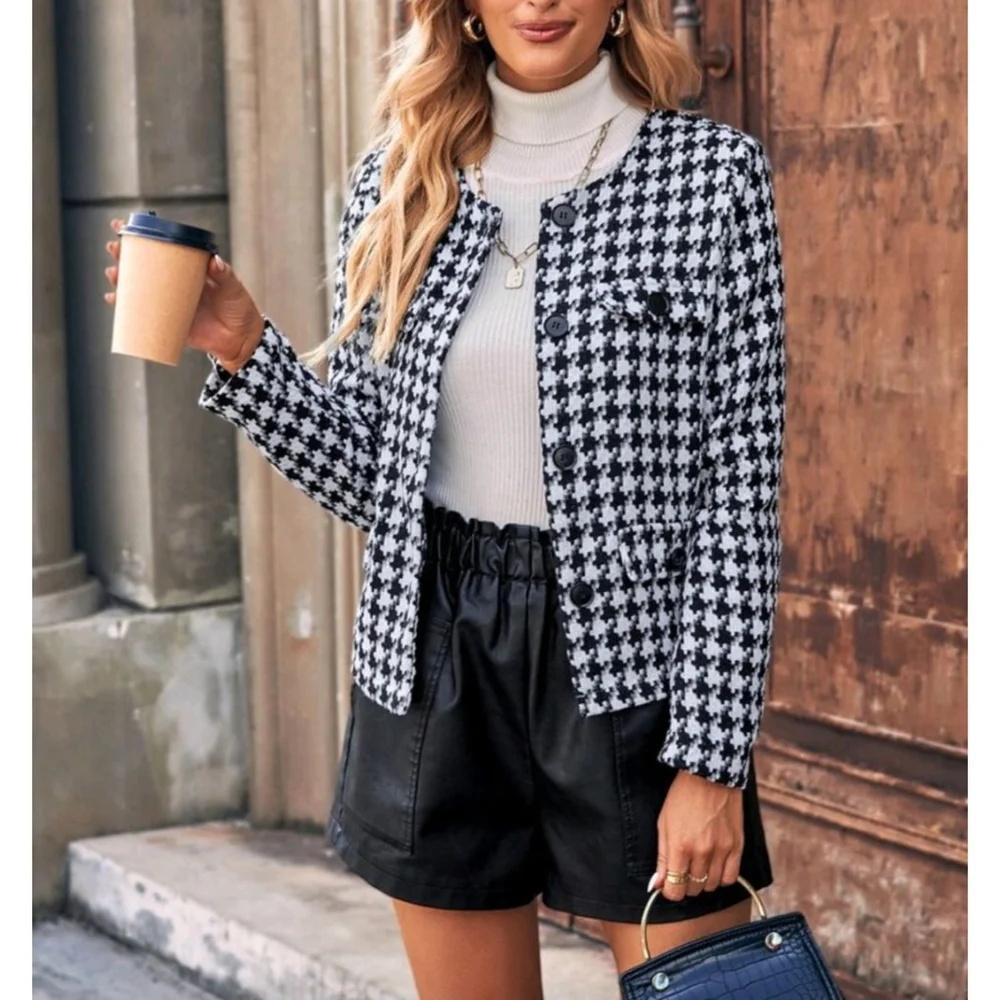 Women's SHEIN Houndstooth Blazer S Black White